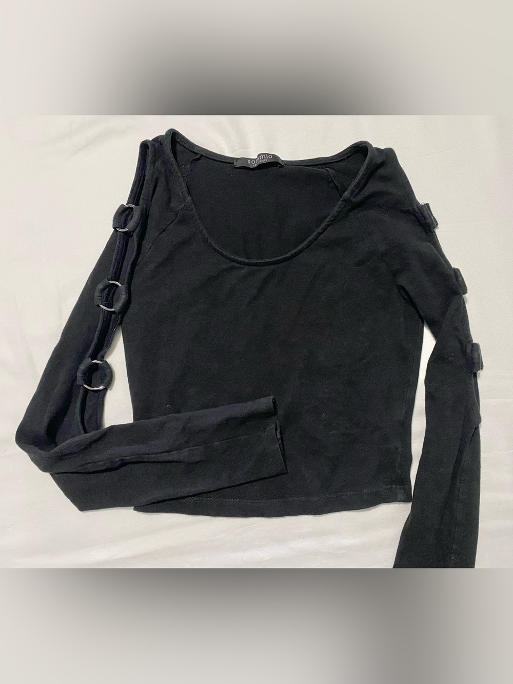 Solemio Black Long-Sleeve Scoop Neck Top with Side Ring Detail